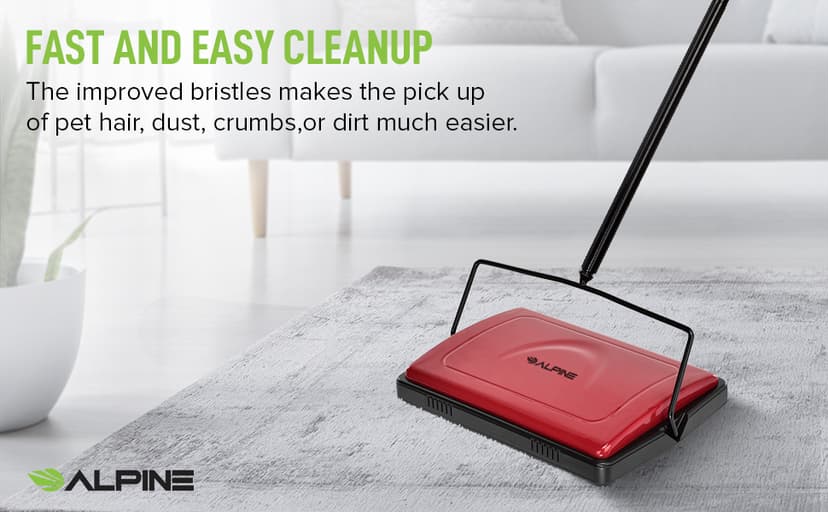 Alpine Manual Carpet Sweeper Triple Brush – Non Electric Multi-Surface Floor Cleaner Easy Sweeping for Carpeted Floors (Red -Updated)
