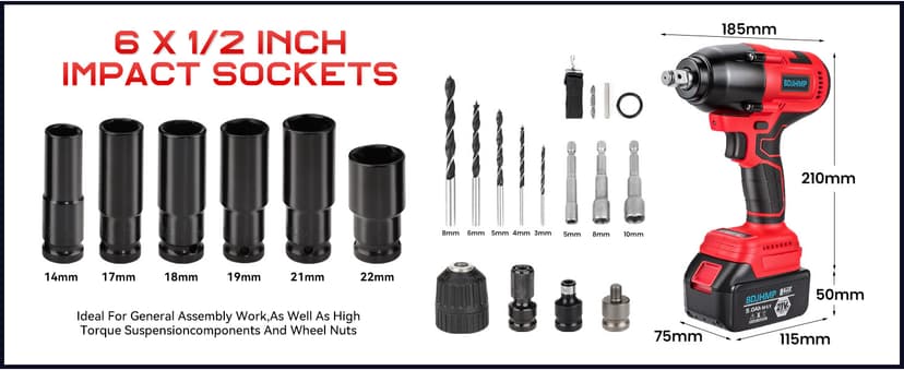 Cordless Impact Wrench, 1106 FT-lbs 1500Nm Brushless Impact Gun 1/2", 18V 2 * 5.0 Ah Multifunction Power Impact Driver for Home Car Truck Mower