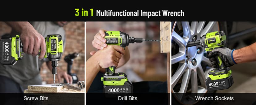 Cordless Impact Wrench, 406Ft-lbs (550N.m) Brushless 1/2 inch, 2800RPM High Torque Impact Gun, 2x 4.0Ah Battery, Charger, 4 Sockets, Electric Impact Wrench for Car Home
