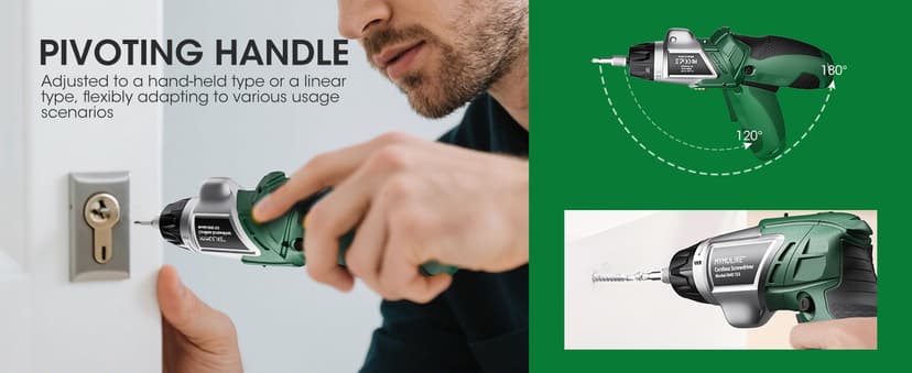 Electric Screwdriver Cordless Set, 3.6V Power Screwdriver Rechargeable with Light, Green Screw Gun with Pivoting Handle and Drill, 49 Pcs Accessories, 6+1 Torque Setting, 2000 mAh Battery