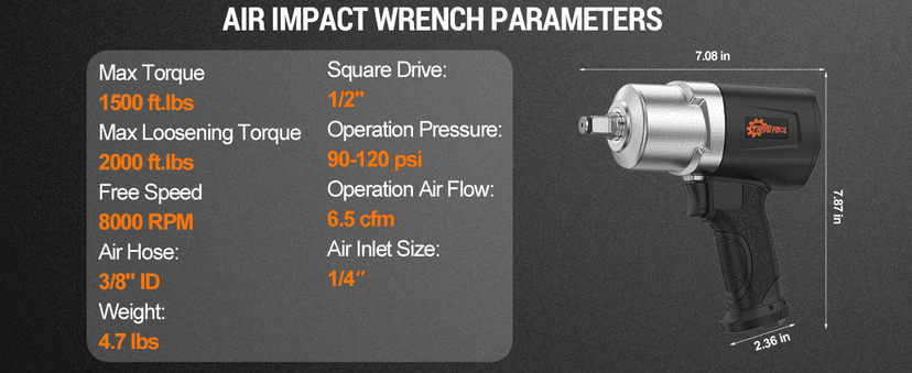 Air Impact Wrench 1/2" - 1/2 Inch Impact Gun 1/2 Drive, 1500Ft-lbs, 8000RPM High Torque Impact Wrench, Weight 4.74 lb, 1/2 Air Impact Gun for Auto Repair, Tire Shop