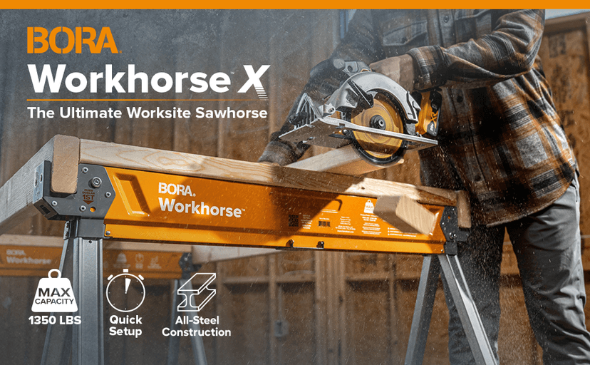 BORA Workhorse Saw horses 2 pack Folding Heavy Duty Legs, Metal Saw horse with 2x4 Bracket Built in Bottle Opener Professional Saw Horse for Woodworking Carpenters Contractors PM-3350T