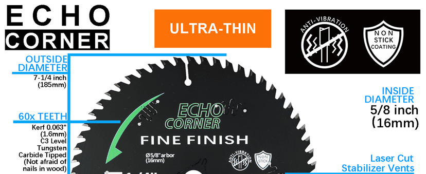 7-1/4 Inch Ultra Finish Circular Saw Blade for Wood, Carbide ATBFT 60T, 5/8" Arbor, Non-Stick Coating