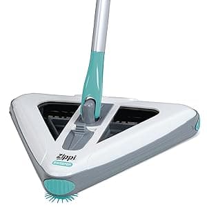 Zippi Sweeper Pro - 2025 New and Improved Lightweight Sweeper, Perfect for Short Carpet Hardwood and Tile, Triangular Design Allows for Sweeping in Corners, LED Light, 1 Hr Cleaning Time