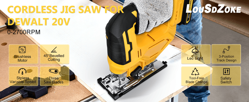 Cordless Jig Saw for DeWalt 20V Battery, Brushless Jigsaw Tool, 0°-45° Bevel Cuts, 3-Position Orbital for Wood/Metal/PVC Cutting (NO Battery)