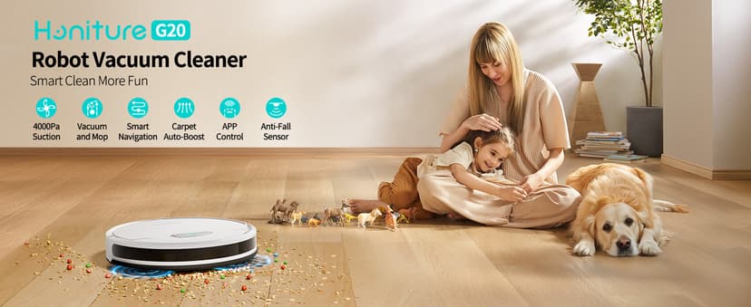 HONITURE Robot Vacuum and Mop Combo, 4000pa Strong Suction, G20 Robot Vacuum Cleaner with Self-Charging, 150Mins Max, App&Remote&Voice Control, Super-Slim, Ideal for Pet Hair