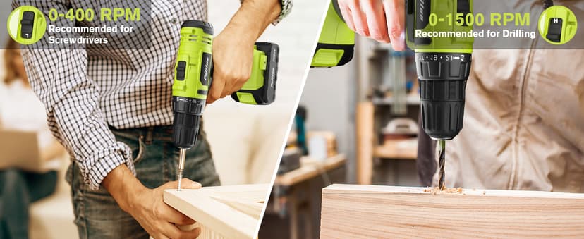 PULITUO'S 20V Cordless Drill/Driver, Electric Screwdriver - 2 Batteries, 30Nm, 21+1 Torque, 2 Speed, Keyless 3/8" Chase Drill with LED Light, Kit for Home (Green)