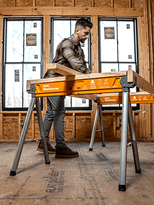 BORA Workhorse Saw horses 2 pack Folding Heavy Duty Legs, Metal Saw horse with 2x4 Bracket Built in Bottle Opener Professional Saw Horse for Woodworking Carpenters Contractors PM-3350T