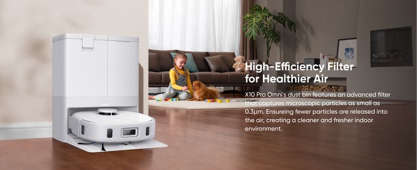 eufy X10 Pro Omni Robot Vacuum and Mop Combo, 8,000 Pa Suction, Dual Mops with 12 mm Auto-Lift and Carpet Detection, AI Obstacle Avoidance, Auto Mop Washing, Auto Drying, Self-Emptying, White