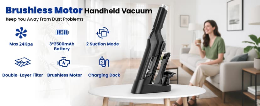 Cordless Handheld Vacuum, 24Kpa Strong Suction Car Vacuum with Brushless Motor, Charging Dock, 2in1 Flat Nozzle, Sofa Brush, 1.5lb Portable HandHeld Vacuum with 2-Speed for Home, Car, Pet, Office