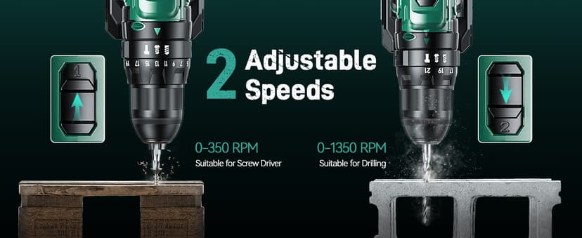 KIMO Hammer Drill - 20V 2X Battery Hammer Drill Cordless Drill Set, 350 In-lb Torque, 3/8" Keyless Chuck, 1350 RPM, 21+3 Position,14pcs Drill/Driver Bits, Power Drill Drivers for Concrete Brick Wall