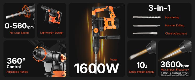 VEVOR 1-9/16 Inch SDS-Max Rotary Hammer Drill, 13Amp Corded Drills, Heavy Duty Chipping Hammers w/Vibration Control & Safety Clutch, Electric Demolition Hammers Variable Speed, Power Tool For Concrete