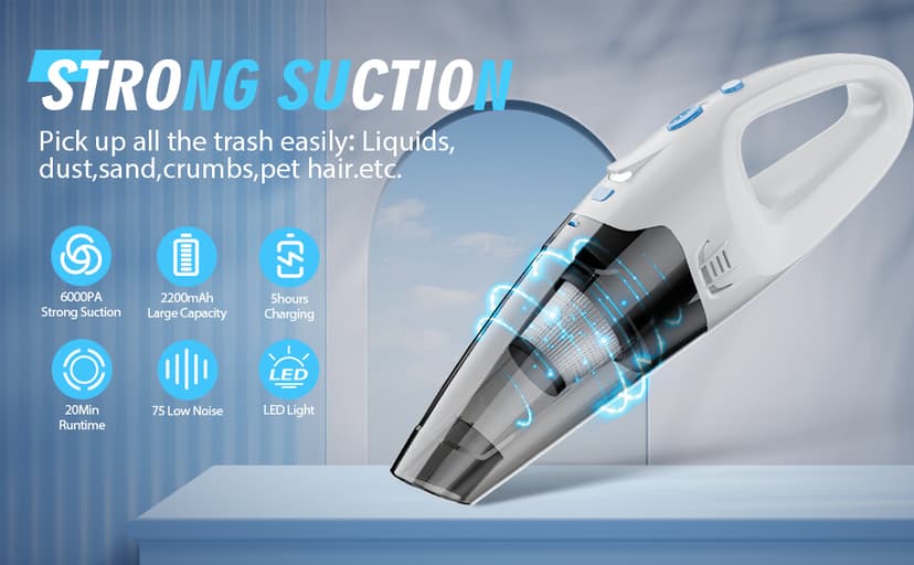 Handheld Vacuum Cordless,Car Hand Cordless Rechargeable,Powerful Suction Hand Held Vacuum with LED Light/Multi Accessories,1.6lbs Car Mini Portable Vacuum Cleaner for Home Office Pet