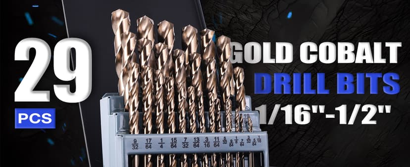 Cobalt Drill Bit Set, 29Pcs (1/16" - 1/2") M35 Fully Grounded 5% Cobalt Bits for Hardened Metals, Stainless Steel, Cast Iron and Wooden Plastics, with Metal Index Storage Box