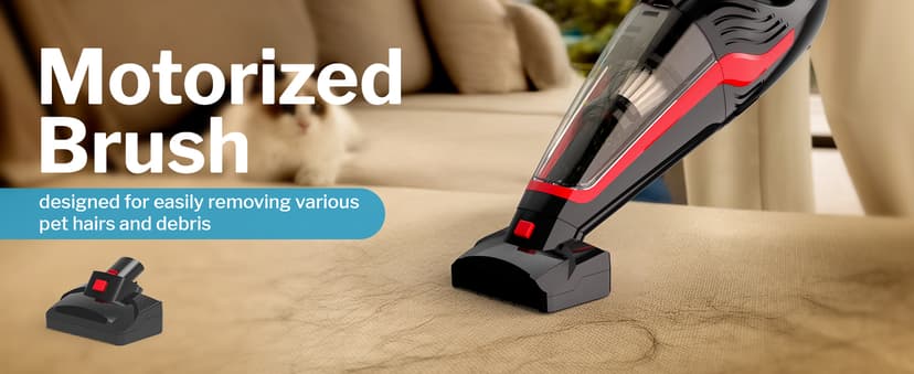 Pet Hair Handheld Vacuum Cordless, Car Vacuum Rechargeable with Reusable Filters, Motorized Brush and Multi-Accessories for Carpet, Couch & Stairs, Red, 17.0"X 4.6"X 6.6"