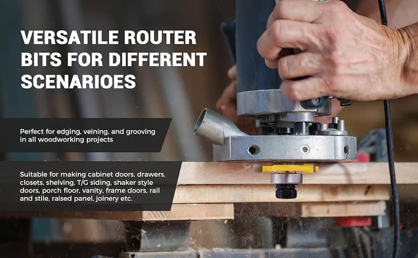 Junreox 2PCS Tongue and Groove Router Bit Set, 3rd Gen. 1/4 Shank Router Bits for 3/4" Stock, 1/2" Cutting Depth, Adjustable 3 Teeth Shaker Cabinet Door Router Bits for Woodworking, Milling, Cutting