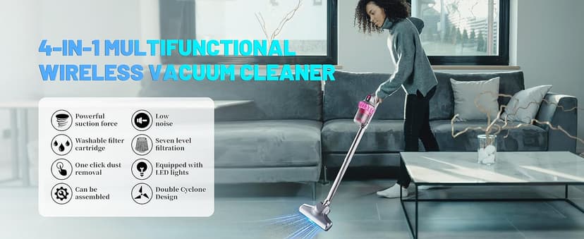 Cordless Vacuum Cleaner,Stick Vac with LED Screen,4 in 1 Mattress Vacuum, 1500mah Battery, Strong Suction,Suitable for Bed, car, Sofa, Carpet, pet Hair,Hardwood Floor