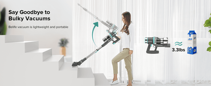 Belife BVC11 Cordless Vacuum Cleaner, 2 Detachable Battery, Max 80mins Runtime, 25Kpa 380W Brushless Stick Vacuum, Lightweight Vacuum for Home Hardwood Floor Carpet Pet Hair, LED Touch Display