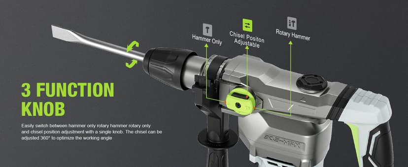 PTS 1-9/16 Inch SDS-Max Rotary Hammer, 13.5 Amp Heavy Duty 3 Functions Corded Concrete Demolition Hammer, w/Vibration Control & Safety Clutch, Includes Drill Bits, Chisels, Carrying Case (Green)