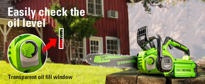 Greenworks 40V 12" Cordless Compact Chainsaw (Great For Storm Clean-Up, Pruning, and Camping), 2.0Ah Battery and Charger Included