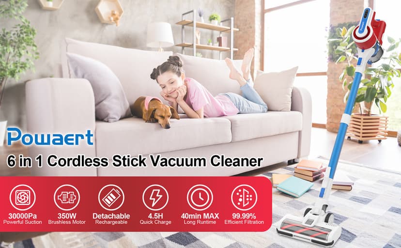 Cordless Vacuum Cleaner for Home, 45Kpa Lightweight Stick Vacuum with Powerful Suction, Rechargeable Battery Up to 50mins, Handheld Vacuum Cleaners for Hardwood Floors, Carpets, Pet Hair - Red