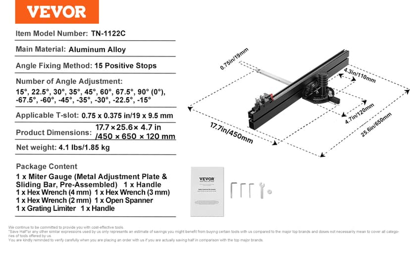 VEVOR Precision Miter Gauge, Standard Slot 3/4'' x 3/8'', Aluminum Alloy Table Saw Miter Gauge with 24 in Grating 15 Angle Stops Adjustable Spring Loaded Plunger and Removable Disc, for Woodworking
