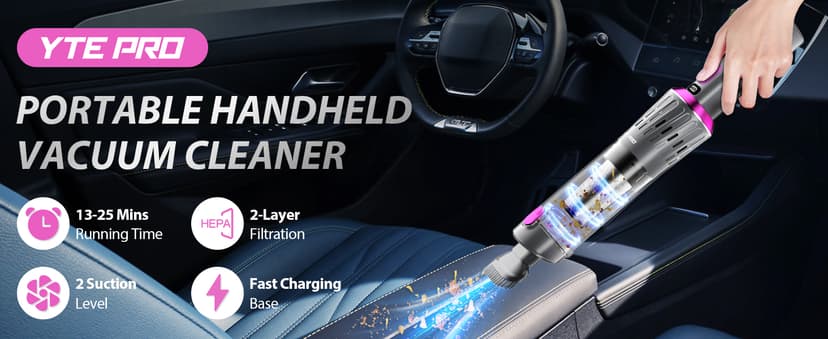 Handheld Vacuum Cordless 25000Pa Car Vacuum 3-in-1 Handheld Vacuum, Includes Smart Display and Charging Base Hand Vac Cordless Rechargeable One-Touch Empty for Home/Pet/Car (Violet)