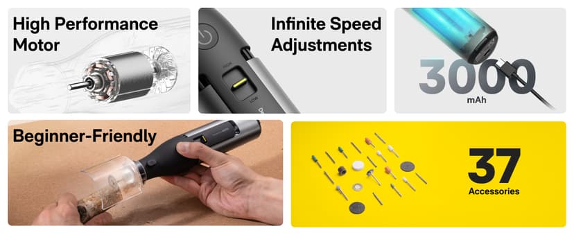 HOTO 12V Cordless Rotary Tool Kit Pro, Brushless Motor, 35000RPM Variable Speed, 3000mAh USB-C Rechargeable, LED Light, 37 Accessories, Ideal for Carving, Sanding, Polishing, Drilling, Cutting, DIY