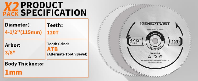ENERTWIST 4-1/2 Inch 120T Circular Saw Blade 3/8 Inch (9.5mm) Arbor, Pack of 2-Pieces for Plywood, OSB, Paneling and Vinyl Siding Fast and Smooth Cutting Saw Blade