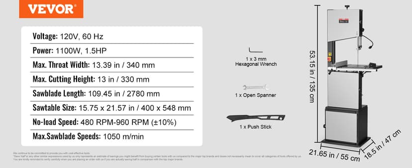VEVOR Band Saw, 14-Inch, 480-960 RPM Continuously Viable Benchtop Bandsaw, 1100W 1-1/2HP Motor, with Optimized Work Light Workbench Stand Cabinet Assembly and Miter Gauge, for Woodworking Aluminum
