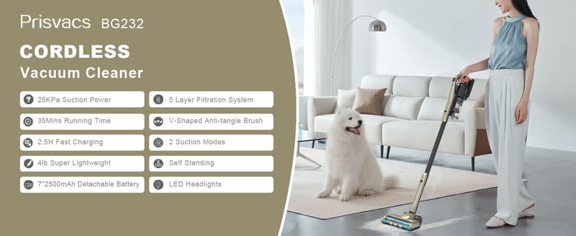 Cordless Vacuum Cleaner, 25Kpa Powerful Suction Ultralight Stick Vacuum with Tangle-Resistant Floor Brush, 2500mAh Fast-Charging Battery for Pet Hair Floor Carpet Stair, 4 Hepa