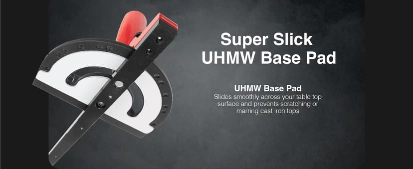 Fulton Miter Gauge 2000 SE HDF NoPlay Expandable Glides Steel Miter Bar for 3/4 x 3/8 Inches, Miter Slot UHMW Slick Base Pad, Protractor Style Head 13 Positive Stops, Aluminum Dual 45 Degree