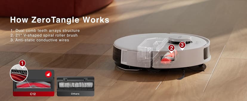 Yeedi C12 Robot Vacuum Cleaner and Mop, 8000Pa Strong Suction, ZeroTangle Brush, Smart Navigation, Self-Charging, White