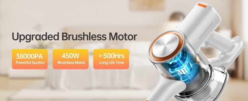 FABULETTA Cordless Vacuum Cleaner for Home, 40Kpa Stick Vacuum with MAX 55Min Detachable Batteries, 8 in 1 Lightweight Vacuum with Brushless Motor for Hardwood Floors&Carpet Pet Hair Car(White-Orange)