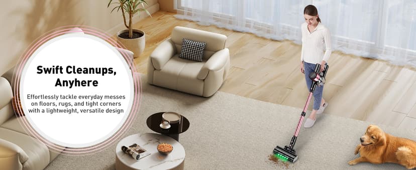 Cordless Vacuum Cleaner, 10-in-1 Vacuum Cleaners for Home with 28.75 in Hose, LED Display, Anti-Tangle Brush, Lightweight Stick Vacuums for Carpet, Pet Hair, Hardwood Floors, Dryer (Pink)