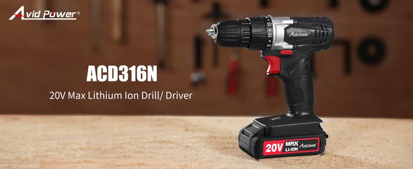 AVID POWER 20V MAX Lithium lon Cordless Drill, Power Drill Set with 3/8-Inch Keyless Chuck, Variable Speed, 16 Position and 22pcs Bits (Black)