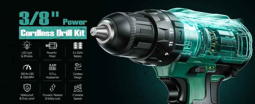 KIMO Hammer Drill - 20V 2X Battery Hammer Drill Cordless Drill Set, 350 In-lb Torque, 3/8" Keyless Chuck, 1350 RPM, 21+3 Position,14pcs Drill/Driver Bits, Power Drill Drivers for Concrete Brick Wall