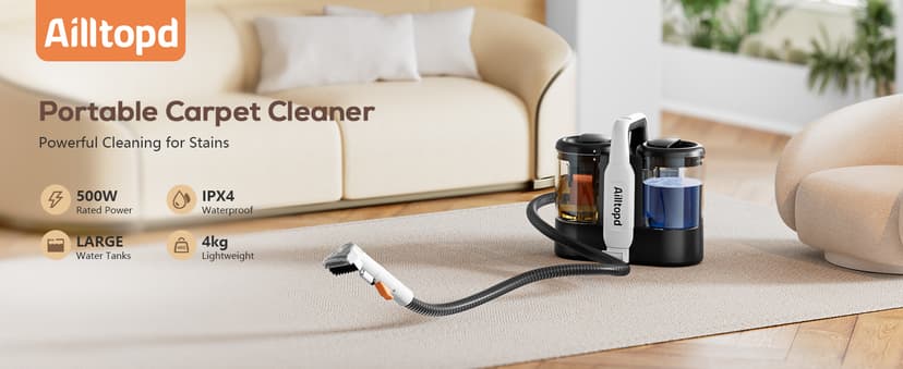 Upholstery Cleaner Machine, Powerful Suction & Portable Spot Remover, Deep Stain Cleaning for Carpet, Pets, Stairs, Car Seat, Couch, with Dual Size BrushHead and Cleaning Solutions