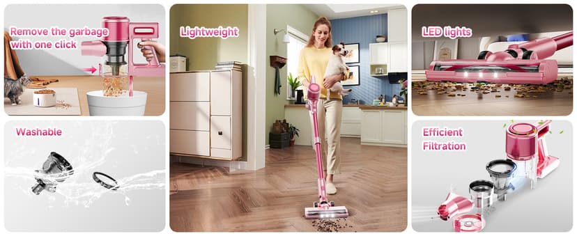 Cordless Vacuum Cleaner,55Mins/Powerful Vacuum Cleaners for Home,Stick Vacuums with 8 in 1,Touch Screen,LED Headlights, Anti-Tangle,Rechargeable,Lightweight for Carpet,Hard Floor, Pet Hair,Pink