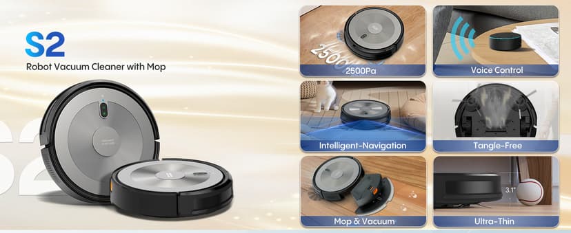 Robot Vacuum Cleaner - 2-in-1 Robot Vacuum and Mop Combo, 2500Pa Suction, Smart Navigation, Alexa & Google Assistant Compatible, Auto Recharge, Anti-Fall, Pet Hair Removal, Z-Shape Cleaning Mode