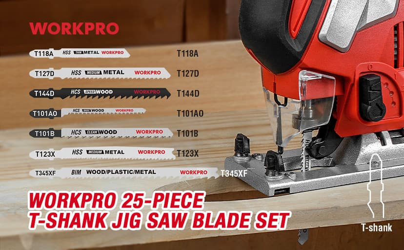 WORKPRO 25-Piece T-Shank Jig Saw Blade Set with Storage Case, Made with HCS/HSS/BIM, Assorted Blades for Wood, Plastic and Metal Cutting